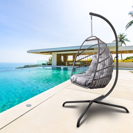 Patio Foldable Swing Chair Porch Pe Wicker Egg Hanging Chair Hammock Chair With Stand And Cushion For Outdoor Balcony Indoor Bedroom,350Lbs Capaticy Beige