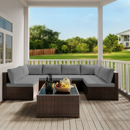 Patio Furniture Set Clearance, Lofka 7-Piece Outdoor Sectional Sofa Set with Glass Coffee Table for Conversation & Dining, Gray