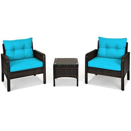 Patiojoy 3 Pieces Outdoor Patio Rattan Wicker Conversation Set with Turquoise Cushions