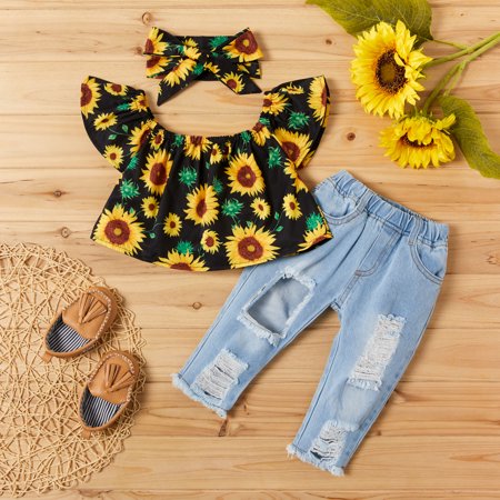 PatPat 3-piece Sunflower Print Short-sleeve Top and Jeans Set