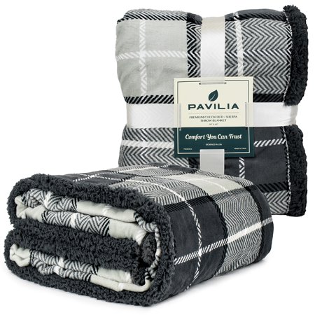 PAVILIA Premium Plaid Sherpa Fleece Throw Blanket | Super Soft, Cozy, Plush, Lightweight Microfiber, Reversible Throw for Couch, Sofa, Bed, All Season (50 X 60 Inches Charcoal Grey)