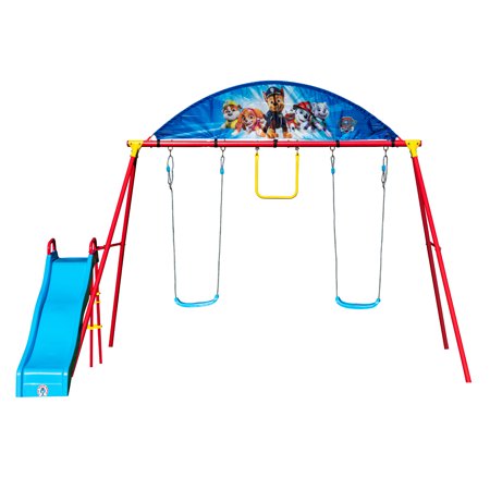 Paw Patrol Swing Set by Swurfer is a complete activity that includes a slide, a trapeze, and two swings!