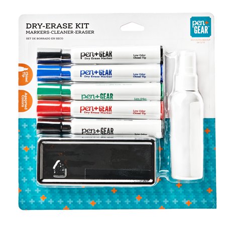Pen + Gear Dry Erase Marker Kit, 5 Count Chisel Tip Markers, 1Eraser, 1 Cleaner