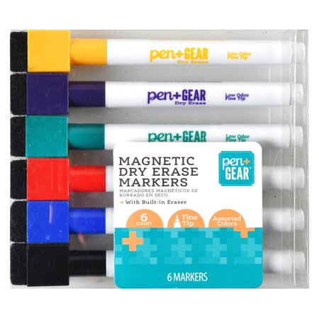 Pen + Gear Dry Erase Markers with Magnet, Fine Tip, Assorted, 6 Count