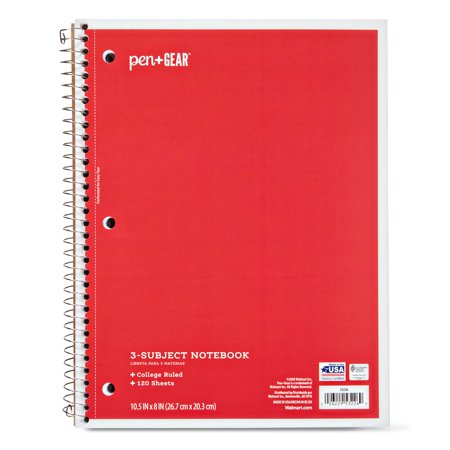 Pen+Gear College Ruled 3-Subject Spiral Notebook, Red, 10.5" x 8", 120 Sheets