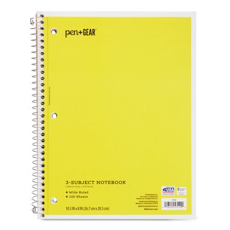 Pen+Gear Wide Ruled 3-Subject Spiral Notebook, Yellow, 10.5" x 8", 120 Pages