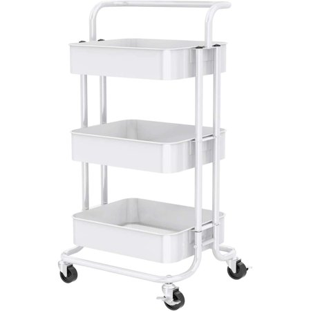 PERLEGEAR 3-Tier Rolling Utility Cart Metal Organization Storage Cart with 2 Lockable Wheels (White)