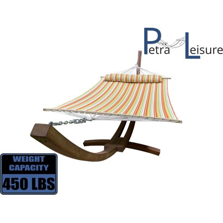 Petra Leisure 14 Ft. Teak Wooden Arc Hammock Stand + Deluxe Quilted Elegant Spring Stripe, Double Padded Hammock Bed w/Pillow. 2 Person Bed. 450 LB Capacity