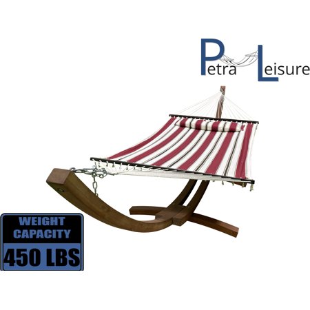 Petra Leisure 14 Ft. Teak Wooden Arc Hammock Stand + Deluxe Quilted Elegant Red Stripe, Double Padded Hammock Bed w/Pillow. 2 Person Bed. 450 LB Capacity