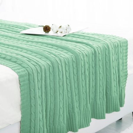 PiccoCasa Super Soft Warm Solid Cotton Cable Knit Blanket Throw Rug Sofa Bedding , Light Green 50"x60"