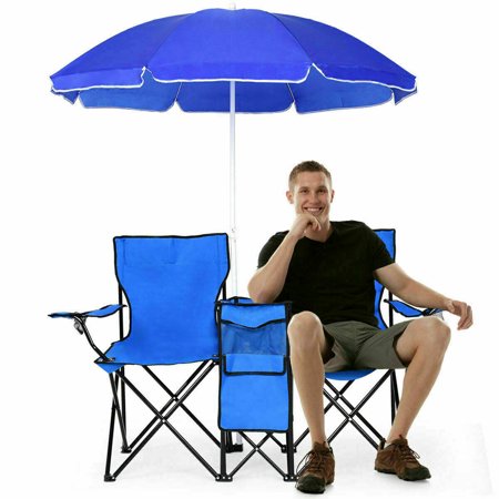 Picnic Double Folding Chair with Removable Umbrella Table Cooler Fold Up Beach Camping Chair