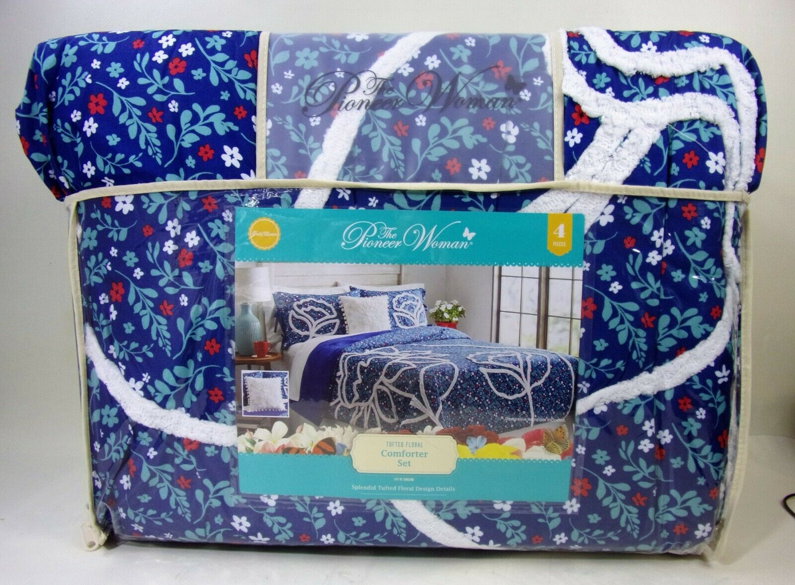 Pioneer Woman Tufted Floral Blue 4 PC Comforter Bedding Set, FU/QU