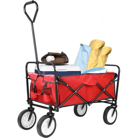 Pirecart Collapsible Wagon, Folding Utility Cart with Cup Holder, Red