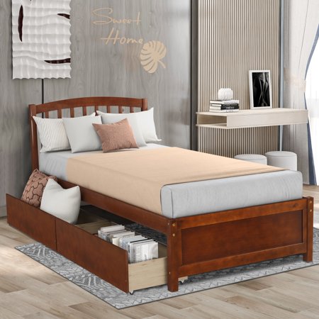 Platform Bed with Storage, Twin Bed Frame with Headboard No Box Spring Needed, Wood Platform Bed with Two Drawers Easy Assembly, Walnut Single Bed Frame for Kids Teens Adults, Bedroom Furniture, J1171
