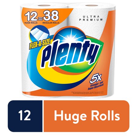 Plenty Ultra Premium Paper Towels | FLEX-A-SIZE | Huge Rolls | Super Absorbent | Strong & Durable | 12 Rolls