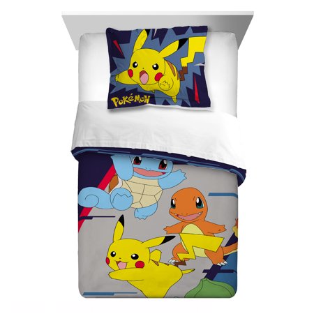 Pokémon Kids Comforter and Sham, 2-Piece Set, Twin/Full, Gaming Bedding, Reversible, Blue and Gray