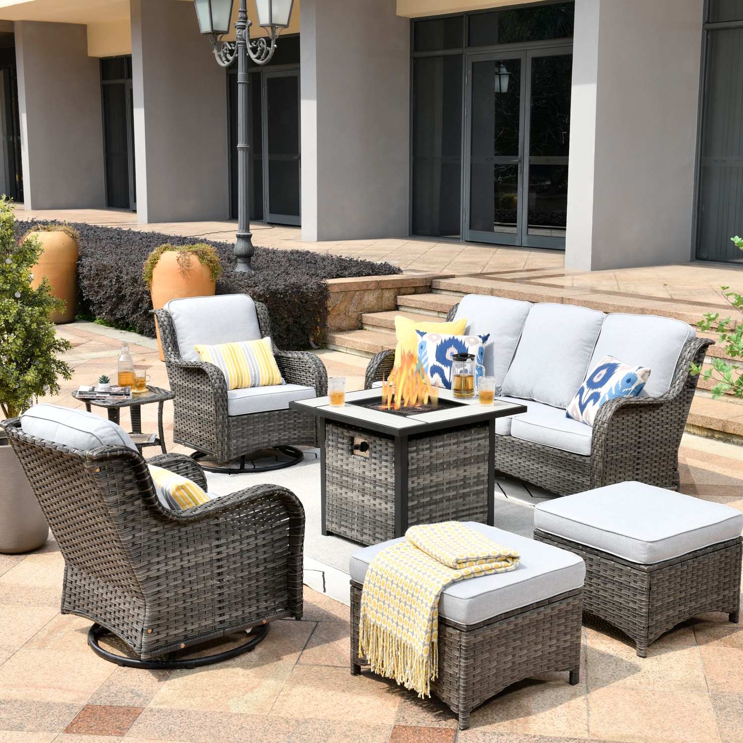 Pouuin 7-Piece Rattan Patio Conversation Set with Olefin Cushions on Sale At Lowe's