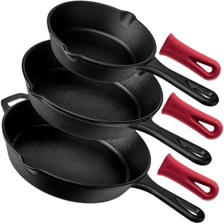 Pre-Seasoned Cast Iron Skillet 3-Piece Chef Set (6-Inch 8-Inch and 10-Inch) Oven Safe Cookware - 3 Heat-Resistant Holders - Indoor and Outdoor Use - Grill, Stovetop, Induction Safe
