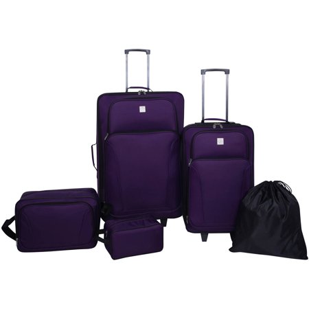 Protege Purple Luggage Set, 5 Piece Set includes 28" Checked and 21" Carry-on, Boarding Tote, Utility Bag and Cinch Sack