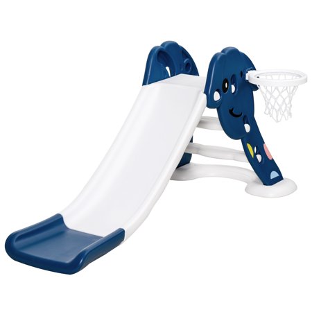 Qaba Indoor and Outdoor Kids Toy Slide with a Safety Triangle Design, Texturized Steps and Side Basketball Hoop