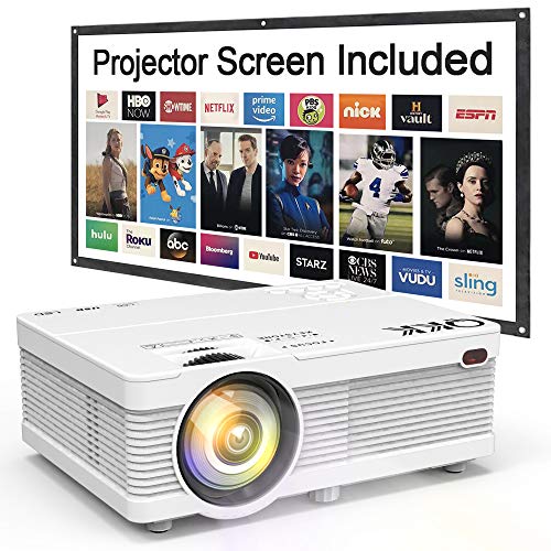 QKK Mini Projector 6500Lumens Portable LCD Projector [100" Projector Screen Included] Full HD 1080P Supported, Compatible with Smartphone, TV Stick, Games, HDMI, AV, Projector for Outdoor Movies