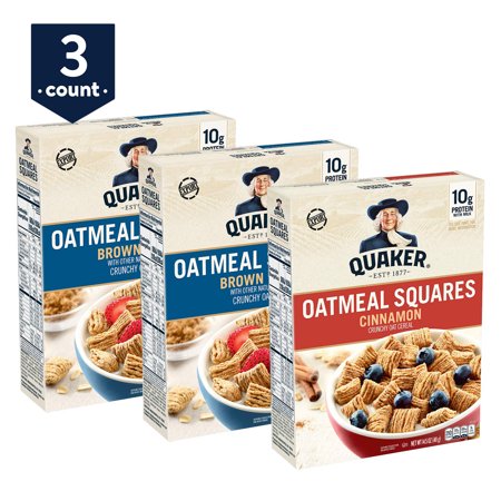 Quaker Oatmeal Squares Breakfast Cereal, Variety Pack, 3 Boxes (2 Brown Sugar, 1 Cinnamon)