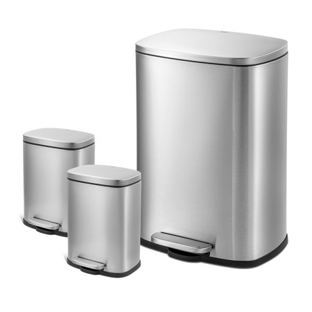 Qualiazero Rectangular Step Garbage Can 3 Piece Combo, 13.2 gal , Two 1.3 gal, Stainless Steel On Sale At Walmart