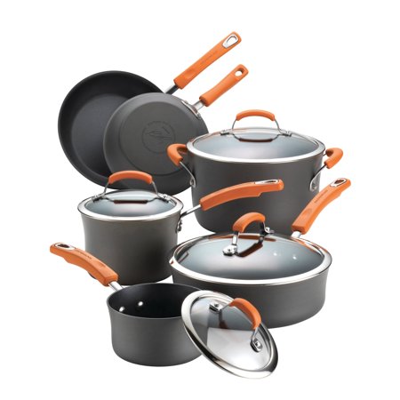 Rachael Ray 10-Piece Bright's Nonstick Pots and Pans Set, Cookware Set, Gray with Orange Handles