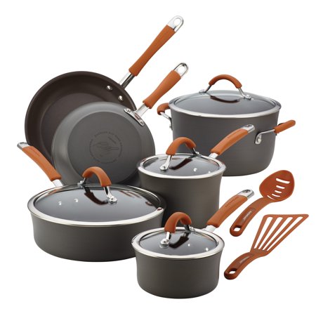 Rachael Ray 12-Pieces Hard-Anodized Aluminum Nonstick Pots and Pans Set/Cookware Set, Gray with Pumpkin Orange Handles