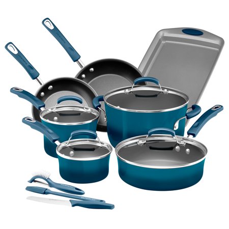 Rachael Ray 14-Piece Classic Bright's Hard Enamel Nonstick Pots and Pans Set, Cookware Set, Marine Blue