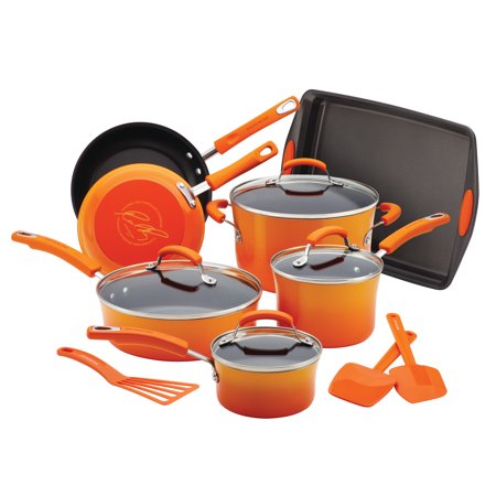 Rachael Ray 14-Piece Classic Bright's Nonstick Pots and Pans Set, Cookware Set with Bakeware and Utensils, Gradient Orange