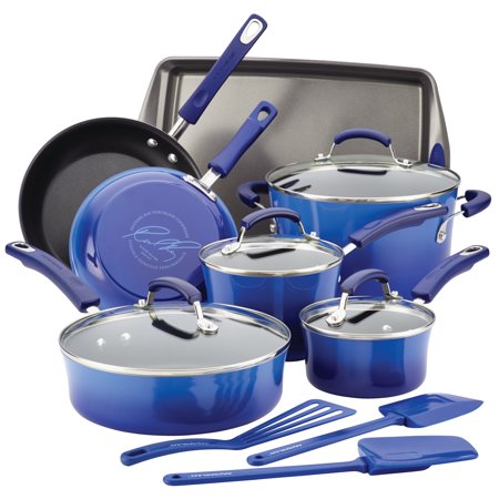 Rachael Ray 14-Piece Hard Porcelain Enamel Nonstick Pots and Pans Sets, Cookware Set, Blue