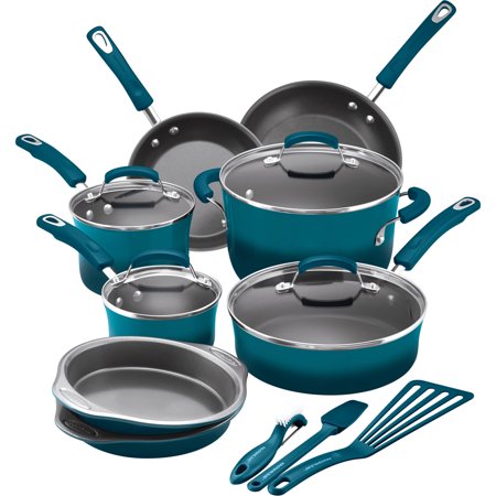 Rachael Ray 15-Piece Nonstick Pots and Pans Set/Cookware Set, Marine Blue