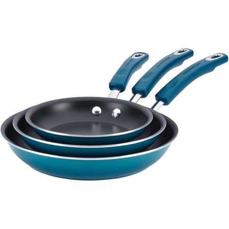 Rachael Ray 3-Piece Porcelain Enamel, Non-Stick Frying Pans, Fry Pans, Skillet Set, Marine Blue