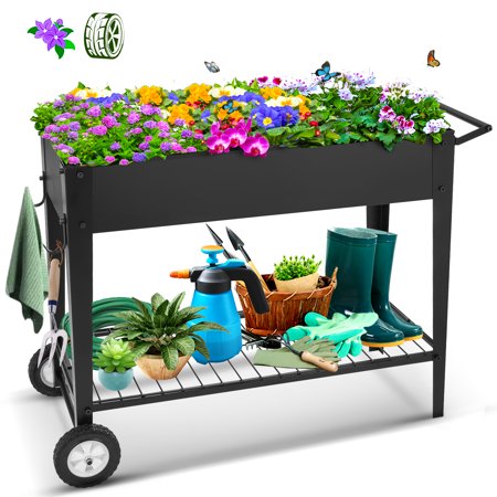 Raised Garden Bed, TOOCA Metal Elevated Raised Garden Bed 40inch Planter Box Kit with Wheels Leg for Indoor Outdoor with Shelf for Vegetables Flower Herb