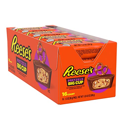 REESE'S Big Cup Stuffed with Pretzels Milk Chocolate Peanut Butter Cups Candy, Gluten Free, 1.3 oz Packs (16 Count)