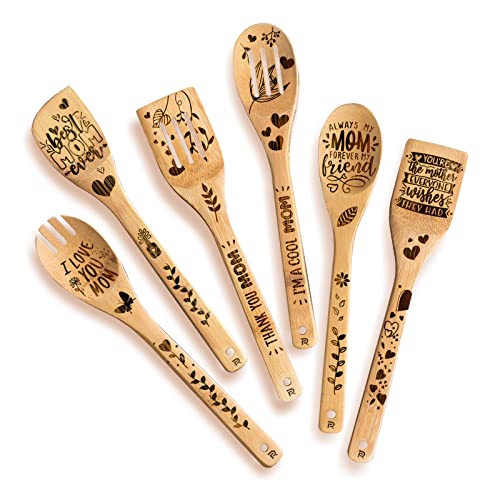 Riveira Mothers Day Gifts for Mom wooden spoons for Cooking & Serving 6 Pcs Set - Mom Gifts for Her Kitchen - Gifts for Mom Who Has Everything - Kitchen Fun with Birthday Gift for Mom from Daughter MOTHERS DAY DEAL!