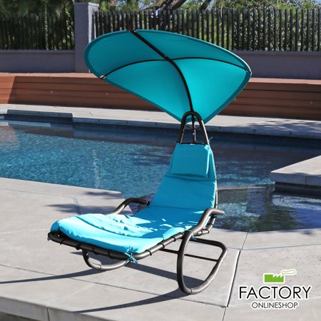 Rocking Hanging Lounge Chair - Curved Chaise Rocking Lounge Chair Swing For Backyard Patio w/ Built-in Pillow Removable Canopy with stand {Blue}