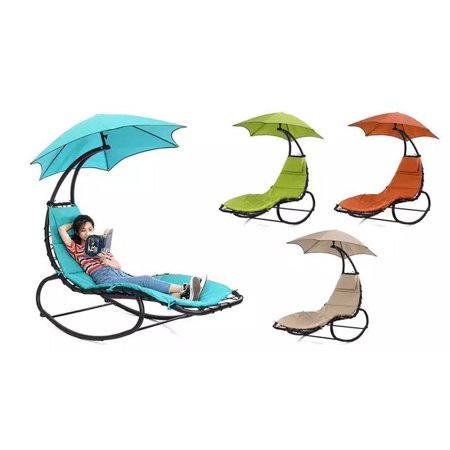 Rocking Hanging Lounge Chair - Curved Chaise Rocking Lounge Chair Swing For Backyard Patio w/ Built-in Pillow Removable Canopy with stand