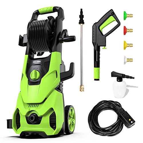 Rock&Rocker Powerful Electric Pressure Washer, 3500PSI Max 1.85 GPM Power Washer with Hose Reel, 4 Quick Connect Nozzles, Soap Tank, IPX5 Car Wash Machine for Home/Car/Driveway/Patio Clean, Green