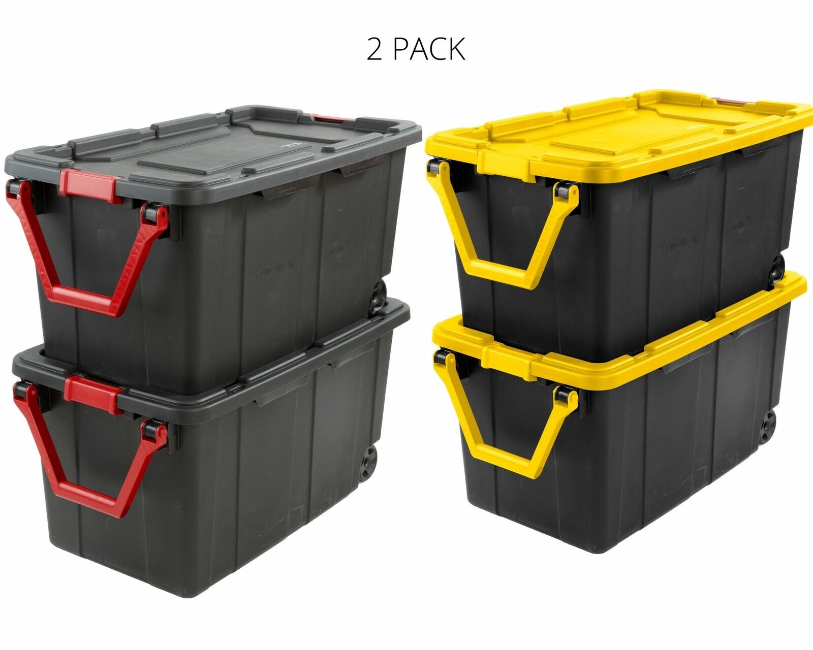 Rolling Storage Container Tote Bin Box 40 Gal Wheels Stack Lids 2 Pack Plastic