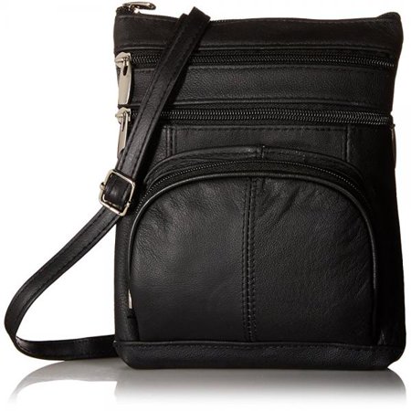 Roma Leathers Genuine Leather Multi-Pocket Crossbody Purse Bag (Black)