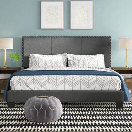Royale Upholstered Platform Bed with Nail Trim Headboard, Queen