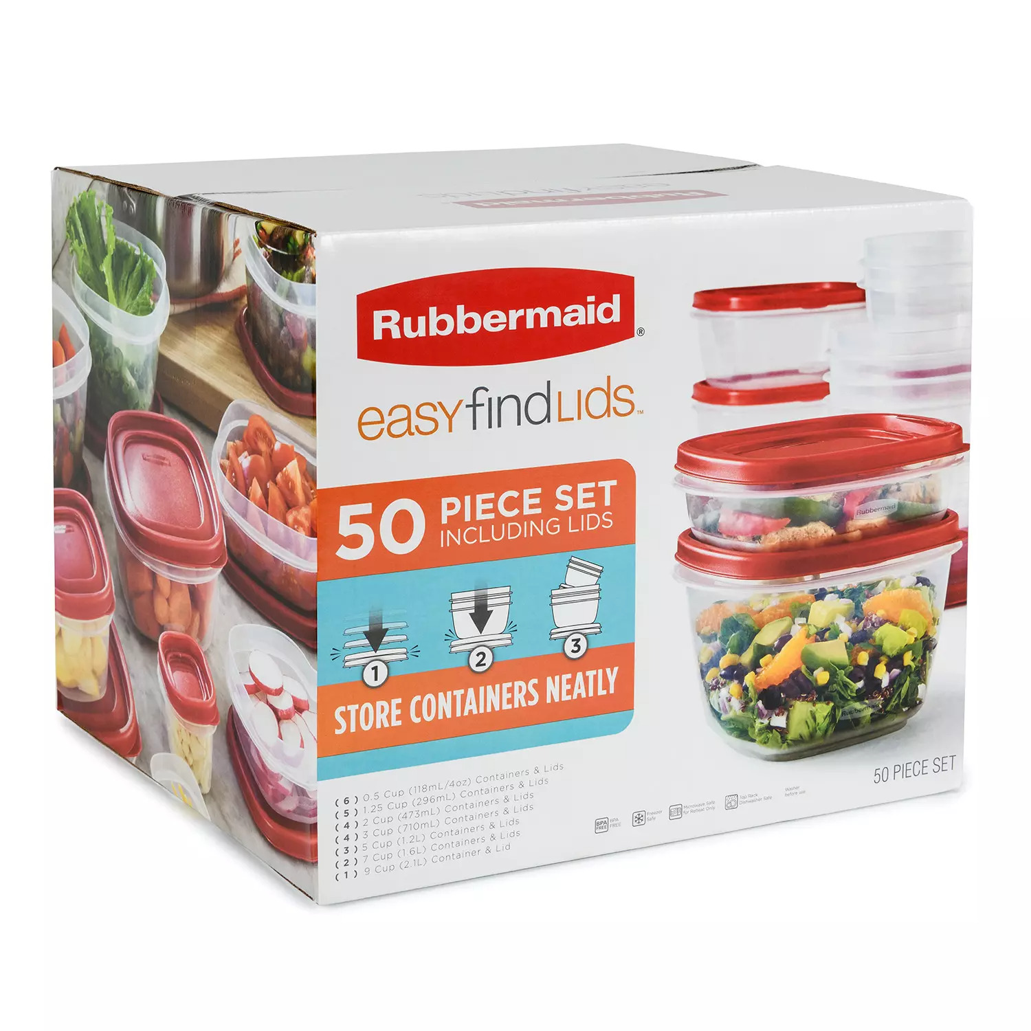 Rubbermaid 50 piece Easy Find Food Plastic Storage Containers Set Snapon Lids