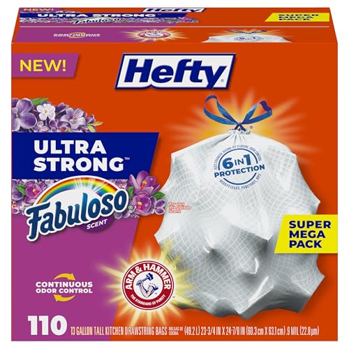 AMAZON Glitches and Price Mistakes Hefty Ultra Strong 13 Gallon Trash Bags, Tall Kitchen Trash Bags 13 Gallon Size, Break Resistant Drawstring Closure, Continuous Odor Control, White, Fabuloso Scent, 110 Bags