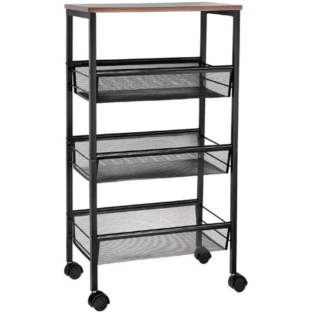 Rustic 3-Tier Metal Wire Storage Kitchen Cart on Wheels, Black by Haitral