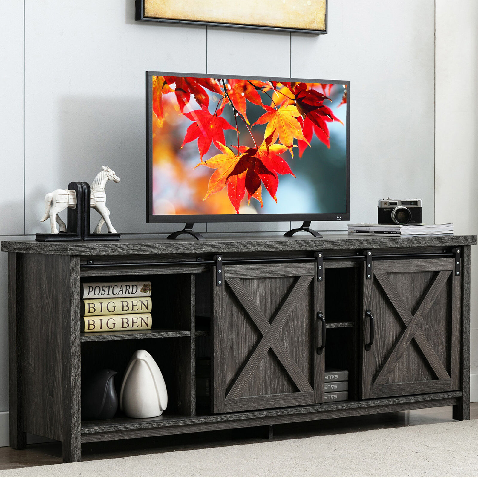 Rustic Wooden TV Stand Farmhouse Sliding Barn Door Console for up to 65 inch TVs