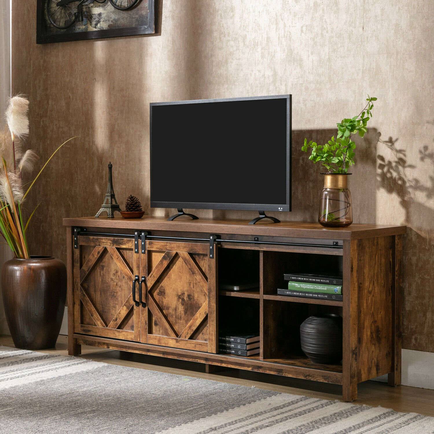 Rustic Wooden TV Stand Farmhouse Sliding Barn Door Console for up to 65'' TVs