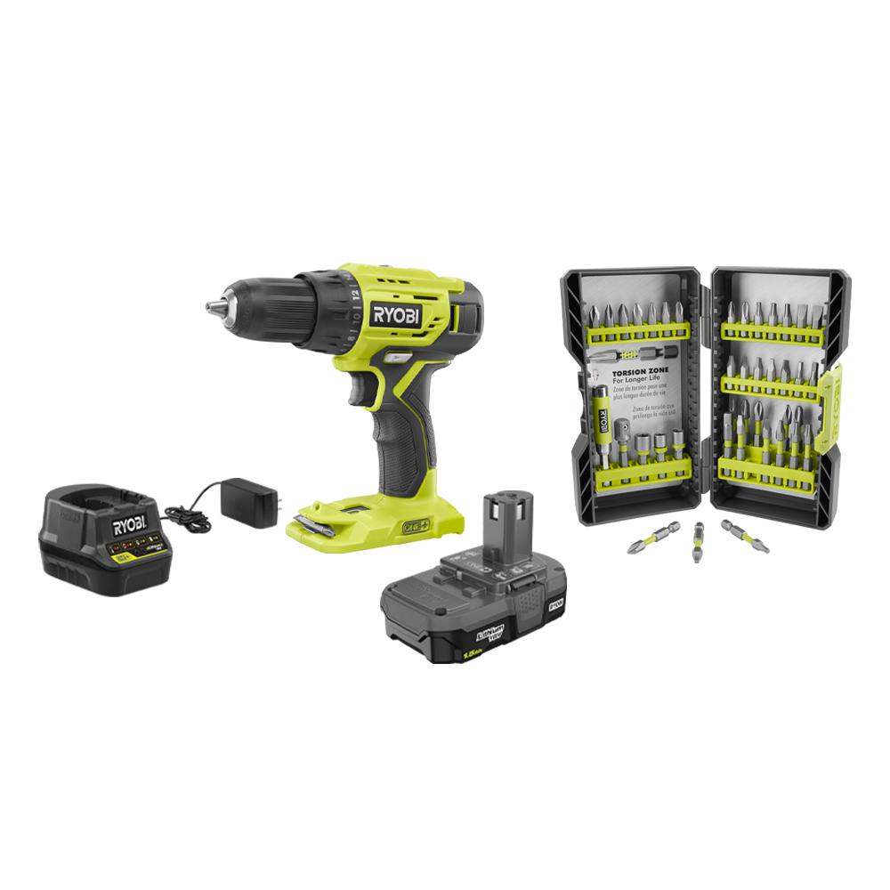 RYOBI 18V Cordless ONE+ 1/2 in. Drill/Driver Kit w/(1) 1.5 Ah Battery and Charger and Impact Rated Driving Kit (40-Piece)