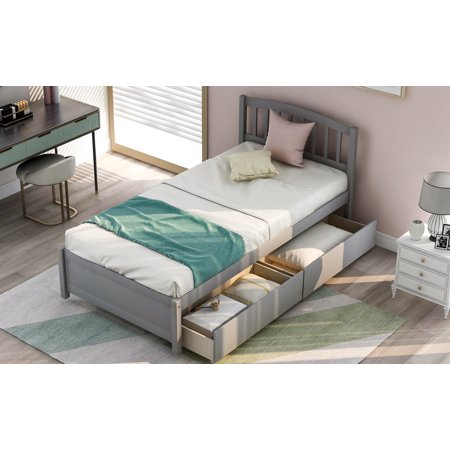 Saibaiyee Twin Platform Storage Bed Wood Bed Frame with Two Drawers and Headboard, Gray